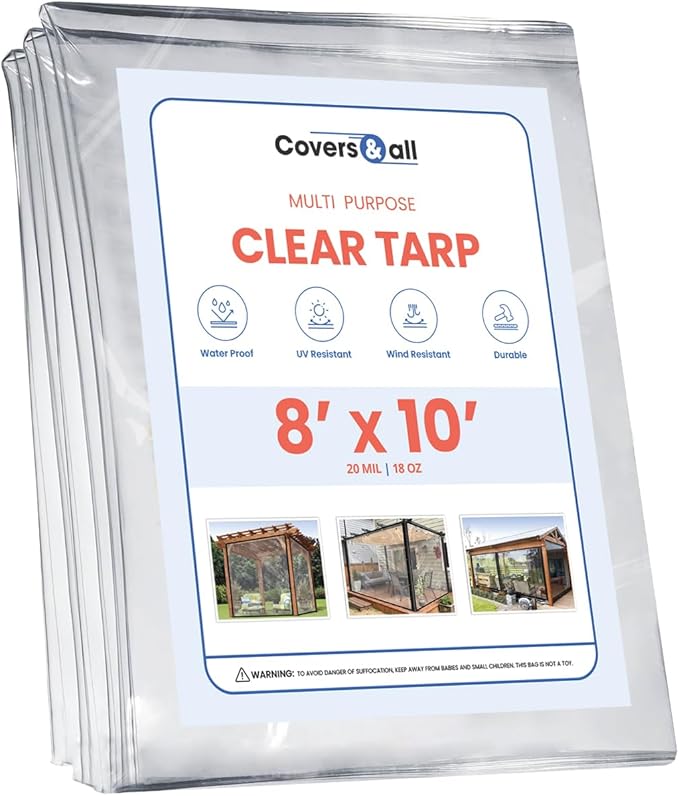 Covers & all Clear Tarp Heavy Duty Waterproof, 20mil Clear Tarp with Grommets, Outdoor Tarp for Patio Covers, Porch Screens, Greenhouses, Chicken Coop (8' H x 10' W Feet), Indoor or Outdoor Use