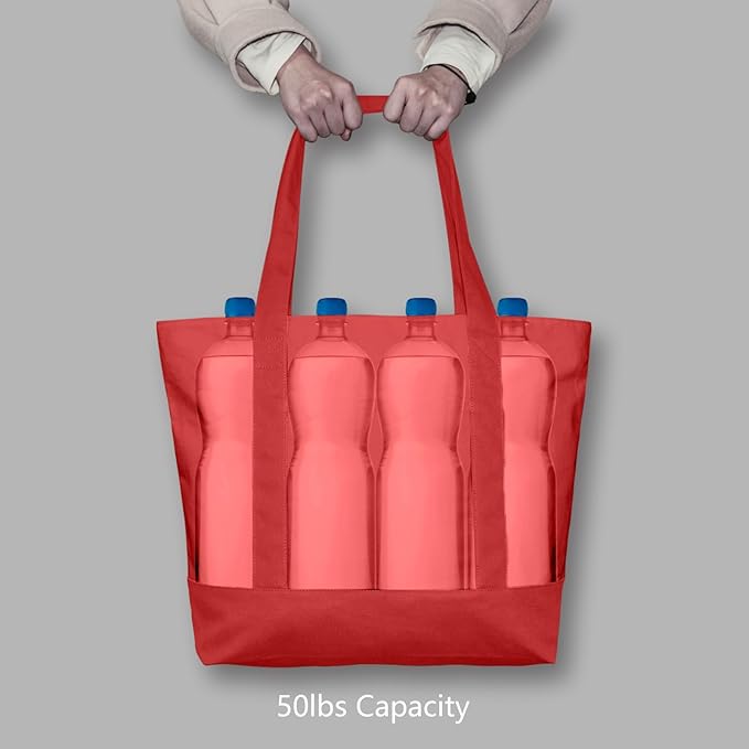 TOPDesign 6-Pack Canvas Tote Bags with an External Pocket, Reusable Grocery Shopping Bags, Top Zipper Closure, Daily Essentials (Red)