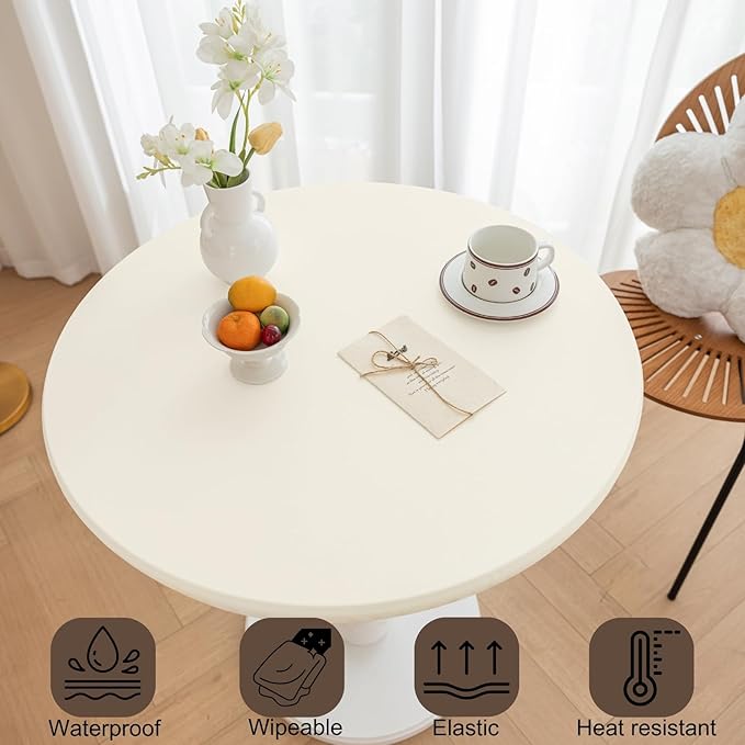 Round Fitted PU Tablecloth with High Elastic Edge 55 Inch Dia Waterproof Oil Proof Table Cloth Anti-Scald Stain-Resistant Wipeable Table Cover for Indoor Outdoor Picnic (Cream,55" Dia)