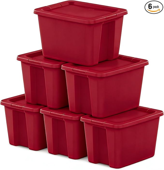 6-Pack 18 Gallon Red Plastic Storage Bins with Lids, Stackable Storage Totes with Secure Snap-On Lid & Textured Handles for Home Organization, Garage, Closet, Basement