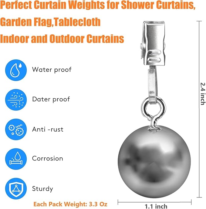 10 Pack Shower Curtain Weights, Prevent Curtain Liner from Blowing Around, Stainless Steel Shower Liner Weights Clip Down Curtain, Garden Flags Tablecloth