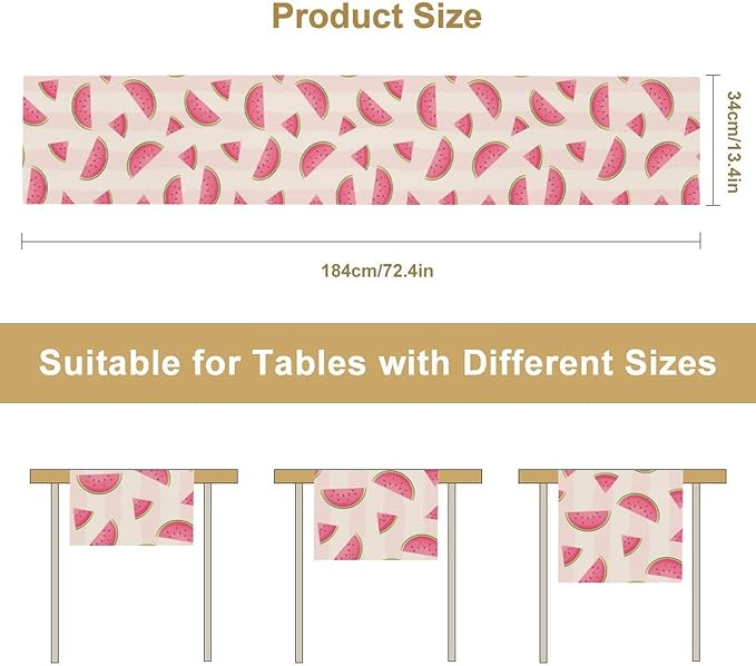 Fruits Table Runner, Tasty Summer Fruit Watermelon Stripes Fun Art Print Table Runner for Kitchen Dining Party Holiday Home 13x90in