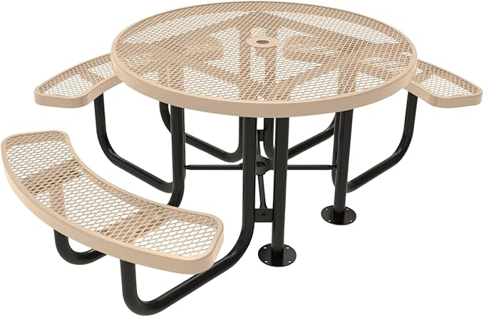 COATEDOUTDOORFURNITURE Heavy-Duty Portable Outdoor Picnic Table with Umbrella Hole, Expanded Metal Patio Dining Furniture Made in America (46" Round Top, Tan)