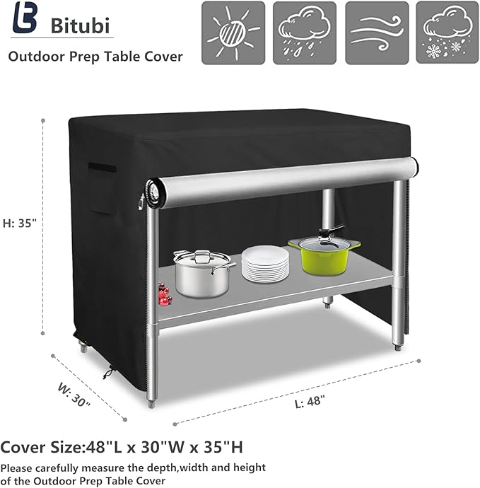 Bitubi 48 Inch Outdoor Prep Table Cover with Split Zipper, Heavy Duty Waterproof Stainless Steel Prep & Work Table Cover for Patio Table - 48''L x 30''W x 35''H (Black)