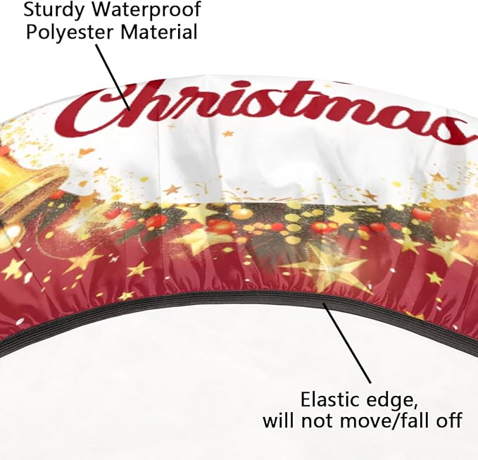 Merry Christmas Bell Bow Round Table Cloth Cover, Elastic Edge Waterproof Wipeable Tablecloths 36"-42" Polyester Tablecloth for Party Restaurant Banquet Holiday Camping Outdoor Picnic