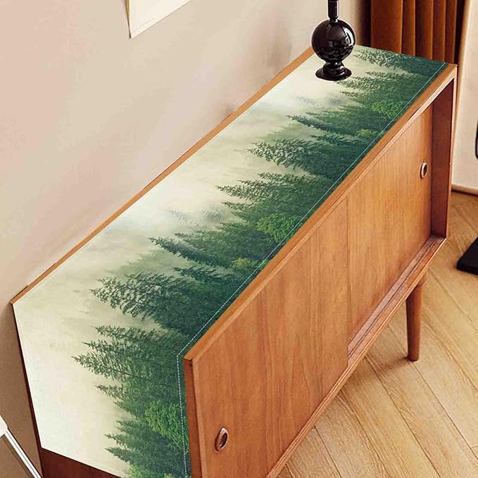 Forest Table Runner, Rustic Farmhouse Misty Pine Tree Woodland Jungle Mountain Country Coffee Table Center Decor for Kitchen Dining Patio Holiday Party Indoor Outdoor Table Decorations, 13"x90" Inch