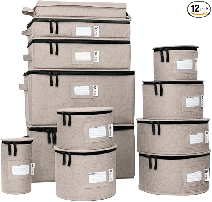 China Storage Hard Shell Containers 12-Piece Set Moving Boxes for Dinnerware, Glasses, Plates, Mugs and Saucers Sturdy Dish Organizer with Dividers for Seasonal Storage - Service for 12 - Brown