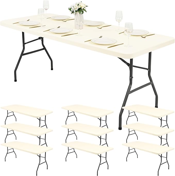10 Pack Stretch Fabric Table Top Cap Cover, Ivory Table Covers fits 8Ft Tables, Washable Elastic Universal Rectangle Tablecloth Protector for Indoor Outdoor Party Picnic Wedding (30" W x 96" L)