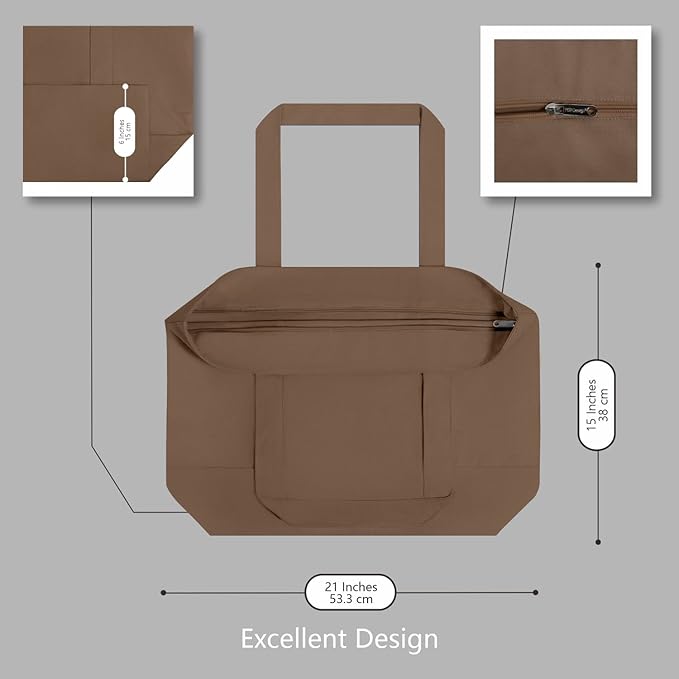 TOPDesign 1-Pack Canvas Tote Bag with an External Pocket, Reusable Grocery Shopping Bag, Top Zipper Closure, Daily Essentials (Brown)