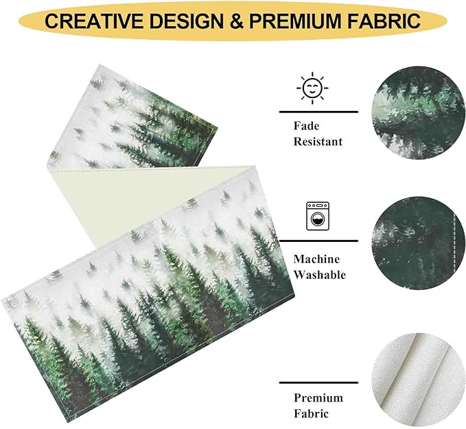 Green Forest Table Runner, Rustic Farmhouse Green Pine Tree Woodland Seasonal Mountain Country Coffee Table Center Decor for Home Kitchen Dining Patio Holiday Party Table Decorations, 13"x36" Inch
