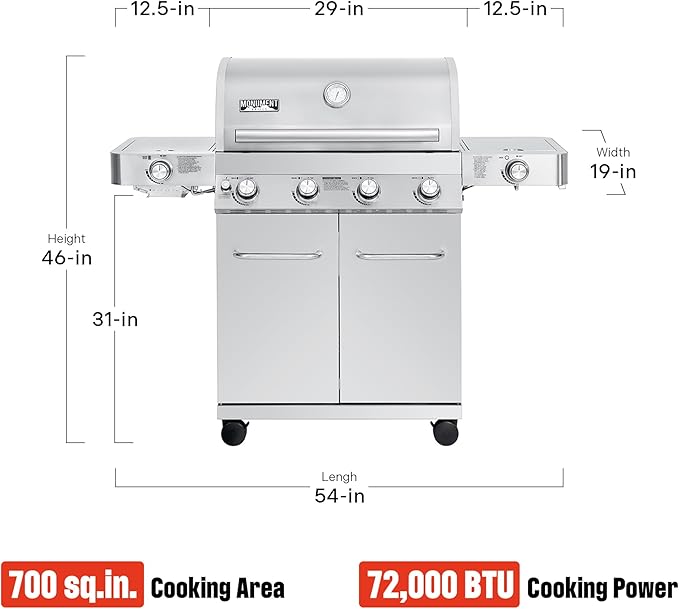 Monument Grills Larger 4+2 Burner Propane Gas Grills Stainless Steel Cabinet Style with Side & Side Sear Burners, Built-In Thermometer, and Knob Controls