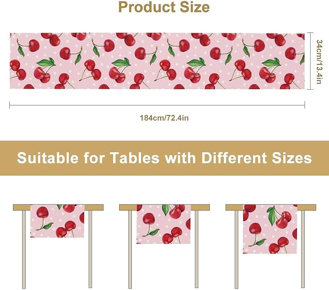 Red Cherry Table Runner, Tropical Fruit Polka Dot Print Table Runner for Birthday Party Dining Room Home Kitchen 13x60in