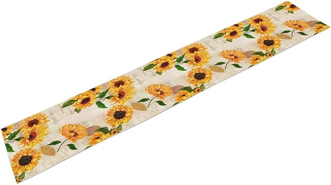 Sunflower Table Runner, Rustic Old Paper Seasonal Table Runner Farmhouse Kitchen Home Party Dining Room 13x60in