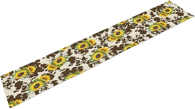 Cow Print Table Runner, Brown Sunflower Cow Print Animal Fur Skin Rustic Cowhide Pattern Table Runner for Kitchen Farmhouse Dining Home Outdoor 13x70in