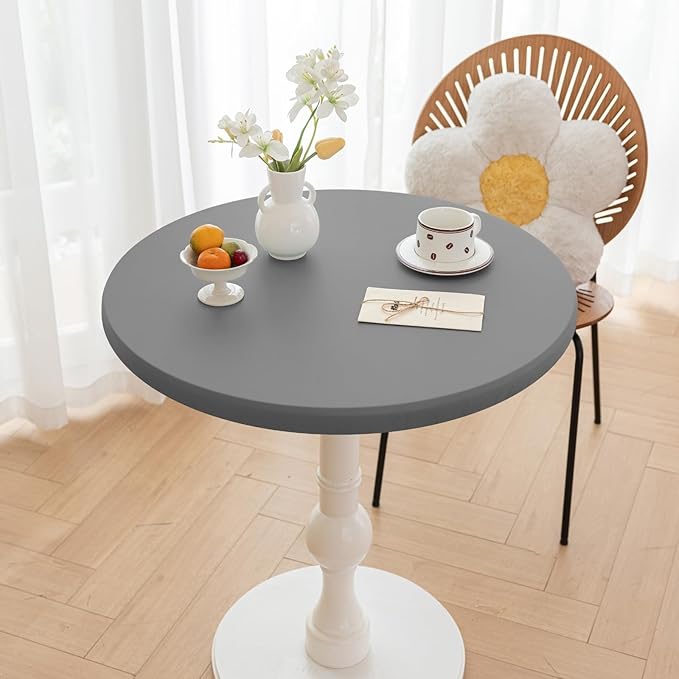 Round Fitted PU Tablecloth with High Elastic Edge 63 Inch Dia Waterproof Oil Proof Table Cloth Anti-Scald Stain-Resistant Wipeable Table Cover for Indoor Outdoor Picnic (Light Grey,63" Dia)