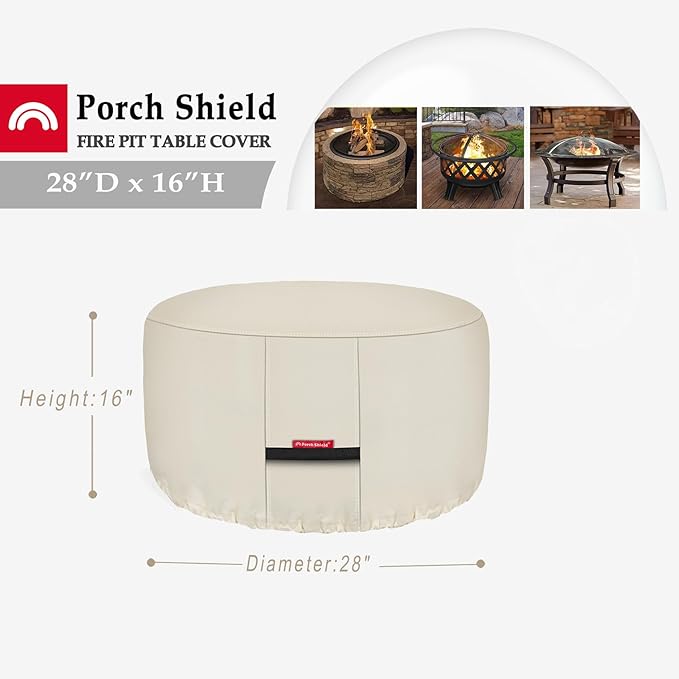 Porch Shield Fire Pit Cover - Waterproof 600D Heavy Duty Fade Resistant Round Patio Fire Bowl Cover Beige - 28 inch