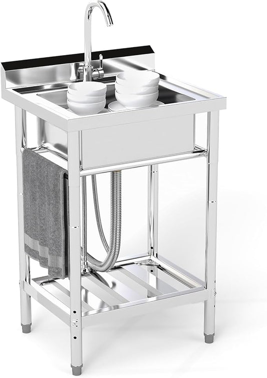 Stainless Steel Utility Sink, 22'' Free Standing Single Bowl Kitchen Sink with Cold and Hot Water Pipe, Indoor and Outdoor for Laundry Room Farmhouse Kitchen(22 inch)