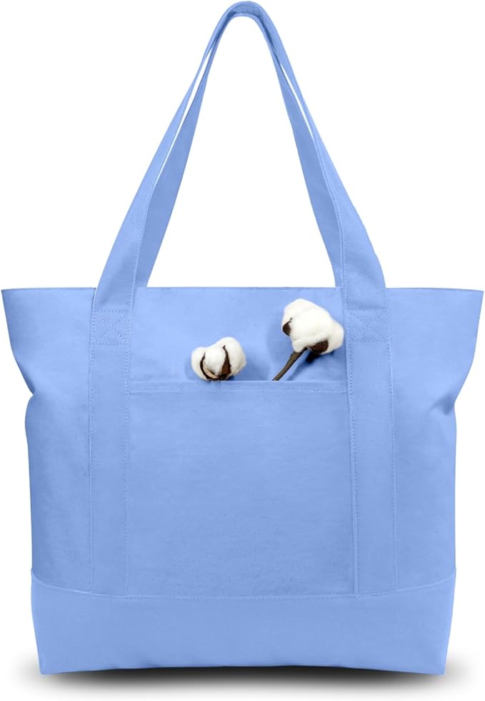 TOPDesign 3-Pack Canvas Tote Bags with an External Pocket, Reusable Grocery Shopping Bags, Top Zipper Closure, Daily Essentials (Light Blue)