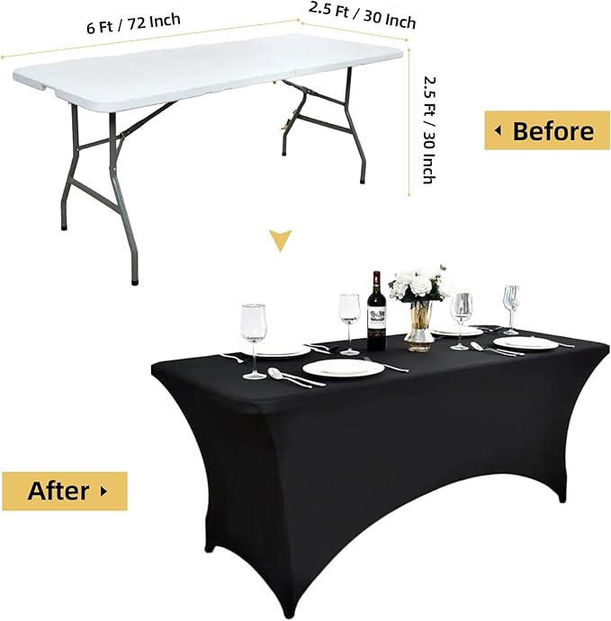 6-Pack 6ft Black Spandex Table Covers for Rectangle Standard Folding Tables - Wrinkle Resistant Stretch Tablecloths - Ultimate Fitted Table Protector for Parties, Trade Shows, Wedding