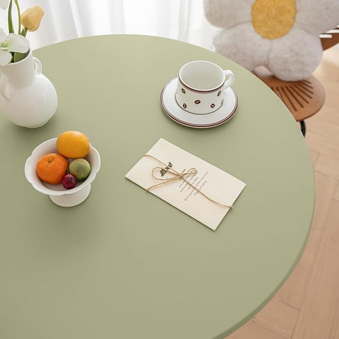 Round Fitted PU Tablecloth with High Elastic Edge 43 Inch Dia Waterproof Oil Proof Table Cloth Anti-Scald Stain-Resistant Wipeable Table Cover for Indoor Outdoor Picnic (Green,43" Dia)