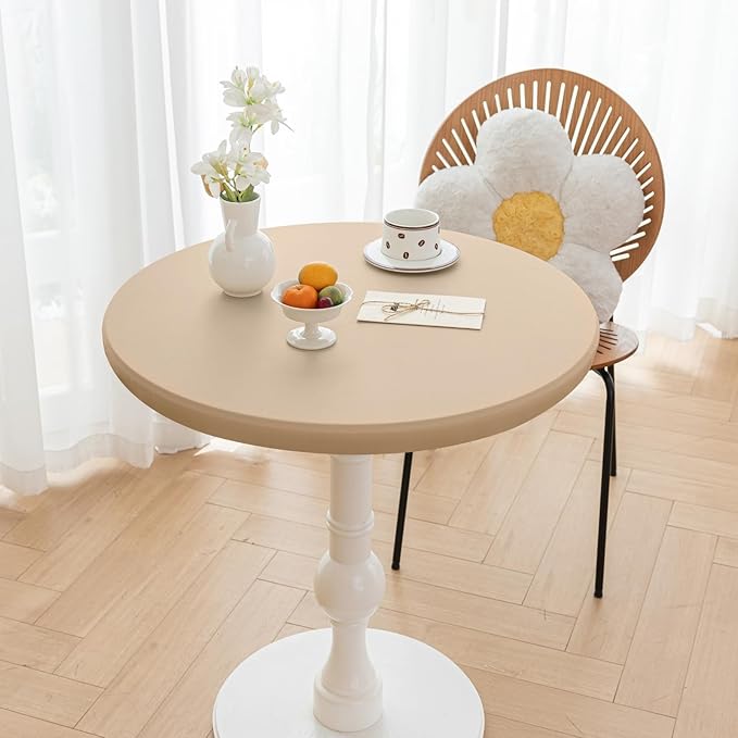 Round Fitted PU Tablecloth with High Elastic Edge 63 Inch Dia Waterproof Oil Proof Table Cloth Anti-Scald Stain-Resistant Wipeable Table Cover for Indoor Outdoor Picnic (Beige,63" Dia)