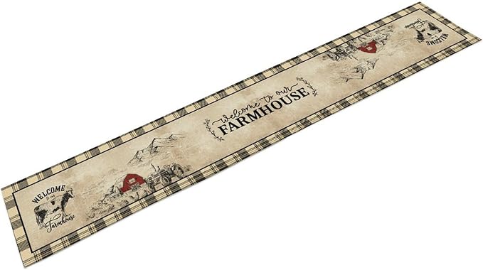 Farmhouse Table Runner, Rustic Country Barn Cottage Rooster Cow Check Animal Coffee Table Center Decor for Home Kitchen Dining Patio Holiday Party Indoor Outdoor Table Decorations 13"x90"