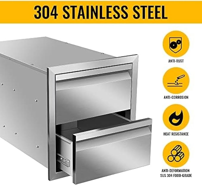 Flush Mount Stainless Steel Double Drawers with Recessed Handles for Outdoor Kitchens Or BBQ Island,-14W X 15H X 23D Inch