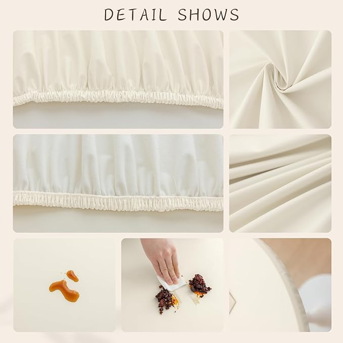 Round Fitted PU Tablecloth with High Elastic Edge 43 Inch Dia Waterproof Oil Proof Table Cloth Anti-Scald Stain-Resistant Wipeable Table Cover for Indoor Outdoor Picnic (Cream,43" Dia)