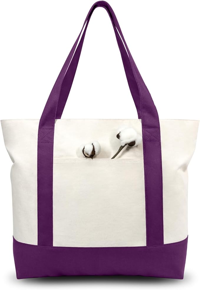 TOPDesign 6-Pack Canvas Tote Bags with an External Pocket, Reusable Grocery Shopping Bags, Top Zipper Closure, Daily Essentials (Purple/Natural)