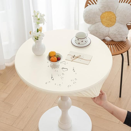 Round Fitted PU Tablecloth with High Elastic Edge 31 Inch Dia Waterproof Oil Proof Table Cloth Anti-Scald Stain-Resistant Wipeable Table Cover for Indoor Outdoor Picnic (Cream,31" Dia)