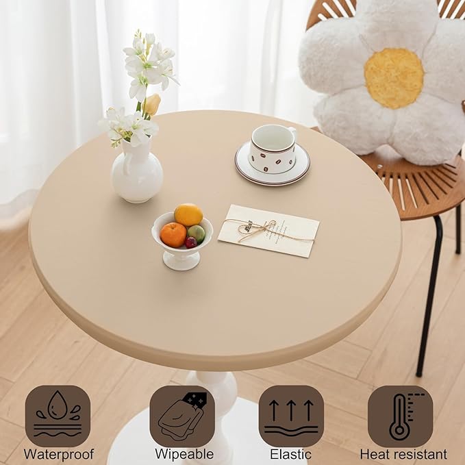 Round Fitted PU Tablecloth with High Elastic Edge 63 Inch Dia Waterproof Oil Proof Table Cloth Anti-Scald Stain-Resistant Wipeable Table Cover for Indoor Outdoor Picnic (Beige,63" Dia)