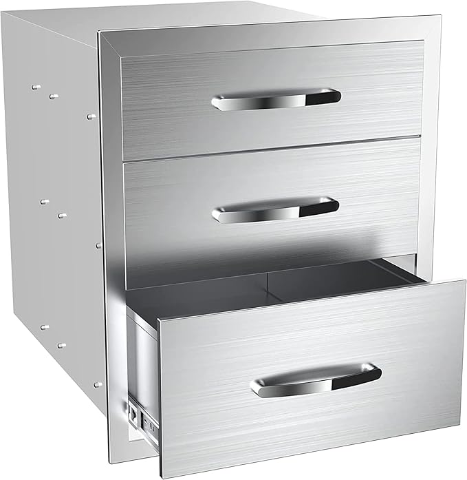 Outdoor Kitchen Drawers, Flush Mount Triple Access BBQ Drawers With Stainless Steel Handle, BBQ Island For BBQ Island Patio Grill Station,Three Drawers