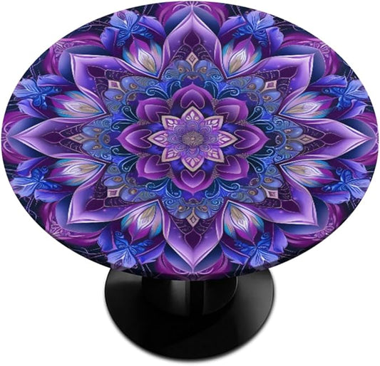 Mandrake Purple Blue Flower Round Table Cloth Cover, Elastic Edge Waterproof Wipeable Tablecloths 45"-56" Polyester Tablecloth for Party Restaurant Banquet Holiday Camping Outdoor Picnic