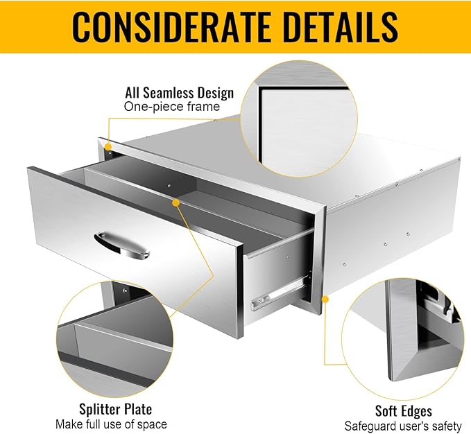 Outdoor Kitchen Stainless Steel Triple Access BBQ Drawers With Handle For BBQ Island Patio Grill Station,Single Drawer