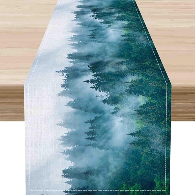 Forest Table Runner, Rustic Farmhouse Misty Pine Tree Woodland Mountain Country Coffee Table Center Decor for Home Kitchen Dining Patio Holiday Party Indoor Outdoor Table Decorations, 13"x90" Inch