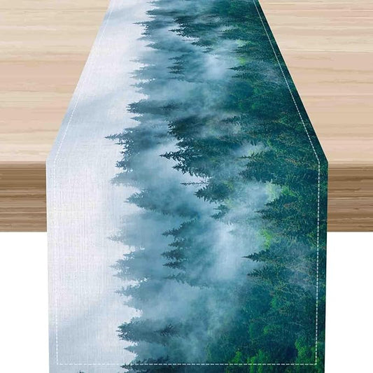 Forest Table Runner, Rustic Farmhouse Misty Pine Tree Woodland Mountain Country Coffee Table Center Decor for Home Kitchen Dining Patio Holiday Party Indoor Outdoor Table Decorations, 13"x90" Inch