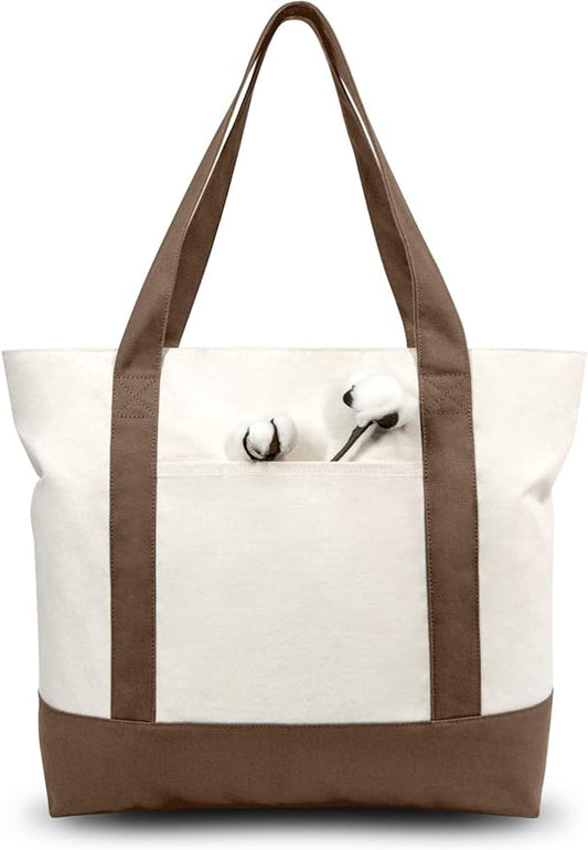 TOPDesign 3-Pack Canvas Tote Bags with an External Pocket, Reusable Grocery Shopping Bags, Top Zipper Closure, Daily Essentials (Brown/Natural)