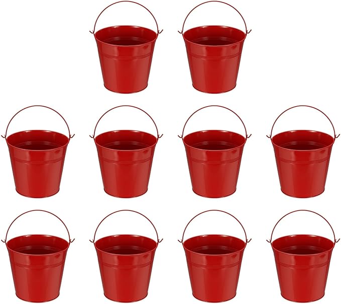 Small Metal Buckets, Mini Buckets with Handle Galvanized Colored Tin Pail Containers Basket Party Supplies - Fit for (Halloween - Classroom Crafts) 7" & 10Pcs & Red