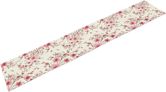 Cherry Flower Table Runner, Seasonal Spring Cherry Blossoms Branches Watercolor Floral Print Table Cover for Kitchen Dining Table Indoor Outdoor Party Decor, 13x60inch