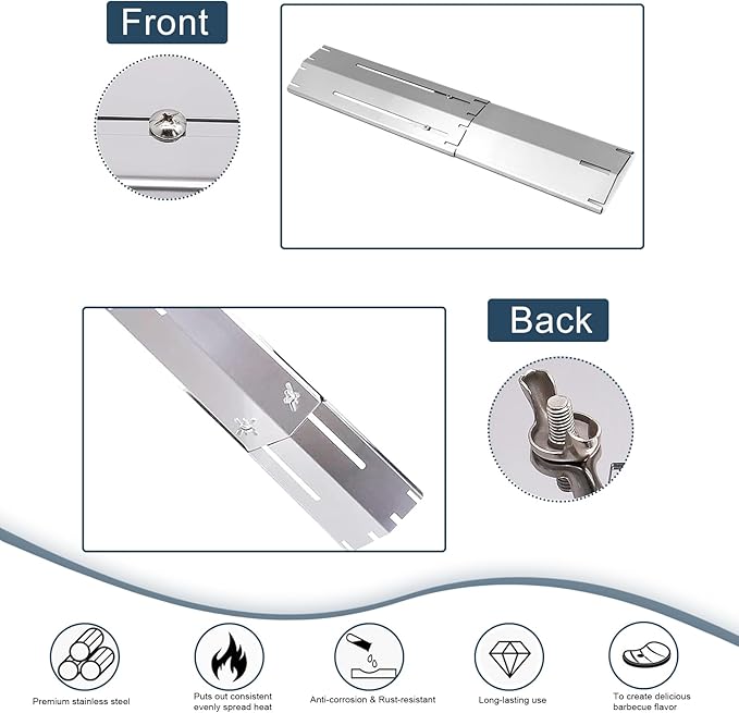 Universal replacement heavy duty adjustable heat plate shield,Burner cover,Flavorizer bar,heat Tent,Flamer tamer for gas grill models,Extends from 11.75"up to 21"L (304 Stainless Steel, 5 Pack)