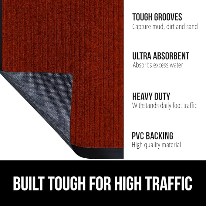 GORILLA GRIP Waterproof Traffic Guard Door Mat, 35x23, Heavy Duty Entryway Mats, Strong Rubber Back Commercial Utility Rugs for Office Hallway, Garage Floor and Home, Low Profile Carpet Runner, Red