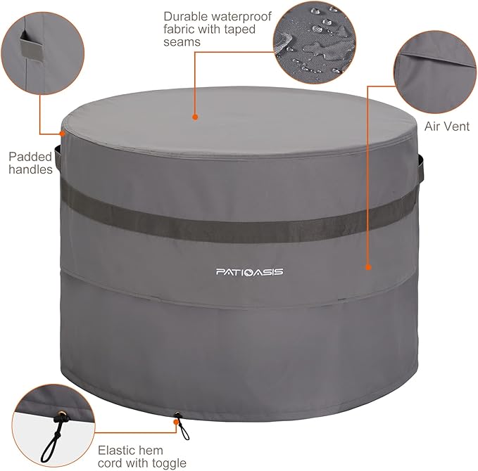 Grey Round Fire Pit Cover Outoor 36 inch Dia Waterproof Patio Deck Propane Fire Bowl Cover 600D Heavy Duty All Weather Resistant