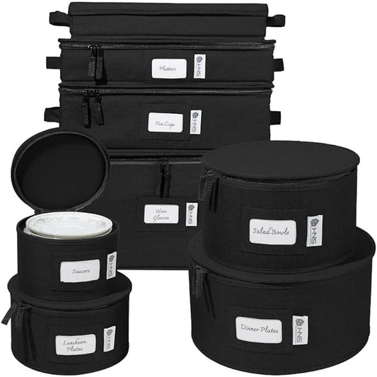 China Storage Hard Shell Containers 8-Piece Set Moving Boxes for Dinnerware, Glasses, Plates, Mugs and Saucers Sturdy Dish Organizer with Dividers for Seasonal Storage - Service for 12 - Black