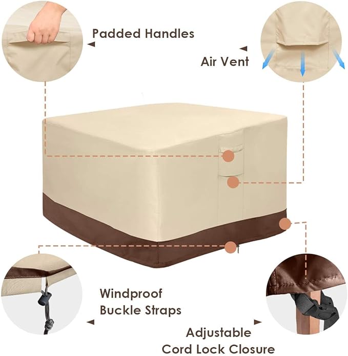 Vailge Fire Pit Cover Square,100% Waterproof Square Gas Firepit Table Cover,Outdoor Heavy Duty Lawn Patio Furniture Covers with Air Vent and Handle,40" L x 40" W x 20" H,Beige & Brown