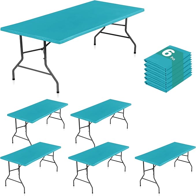 LUSHVIDA 6 Packs Vinyl Tablecloths with Flannel Backing for 4ft Rectangle Folding Table Cloths - Waterproof Plastic Picnic Table Covers with Elastic Corners, 30x48 inch, Teal