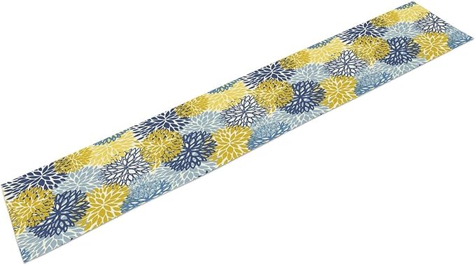 Dahlia Flower Table Runner,Blue Yellow Floral Print Table Runner for Kitchen Dining Table Dinner Holiday Home Party Indoor Outdoor Decor 13x36in
