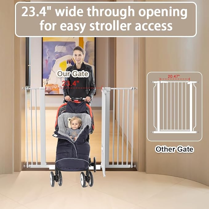 40.55" Tall 1.37" Ultra Narrow Spacing 30.12-34.06" Dogs Pets Baby Gate with Cat Door for Doorway Safety Proof Indoor Extra Wide Puppy Pressure Mounted No Drill White Black Metal Hallway