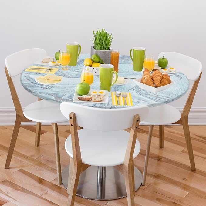 Blue Silver Marble Pattern Round Table Cloth Cover, Elastic Edge Waterproof Wipeable Tablecloths 45"-56" Polyester Tablecloth for Party Restaurant Banquet Holiday Camping Outdoor Picnic