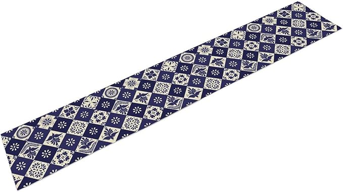 Floral Birds Mexican Table Runner, Blue Mexico Talavera Ceramic Tiles Cinco De Mayo Azulejo Coffee Table Center Decor for Family Kitchen and Dining Patio Indoor Outdoor Table Decorations, 13" X 36"