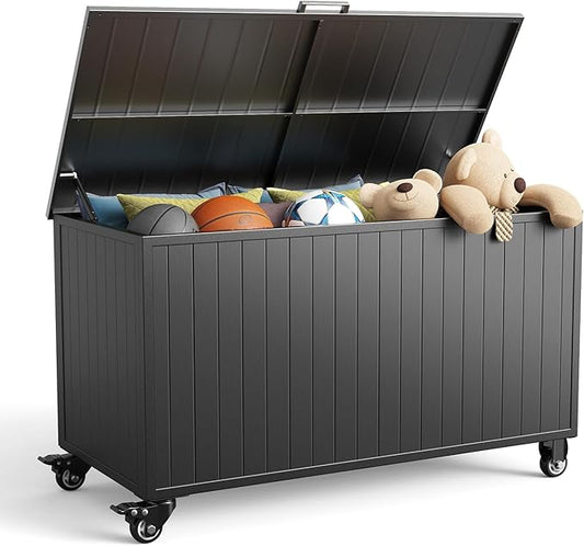 Outdoor Storage Box with Wheels 150 Gallon, Metal Deck Boxes Waterproof, UV Resistant Patio Storage Box with Lid for Patio Furniture, Garden Tools (Black)